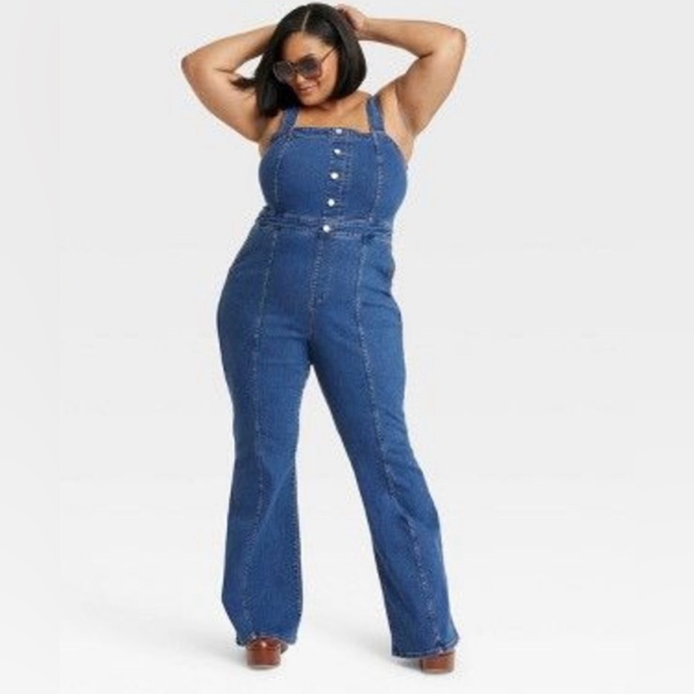 Ava & Viv Denim Jumpsuit Zip Up Back Button Front Adjustable Straps Flare Leg